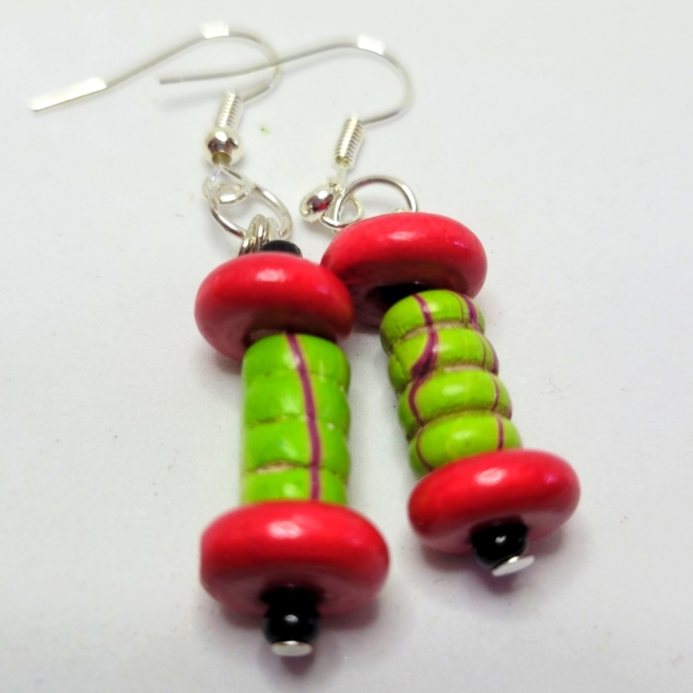 Red and green wood bead earrings